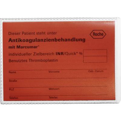 Rote Karte, die die Antikoagulanzienbehandlung mit Marcumar dokumentiert. Felder für Name, Geburtsdatum, INR/Quick-Wert und Adresse.