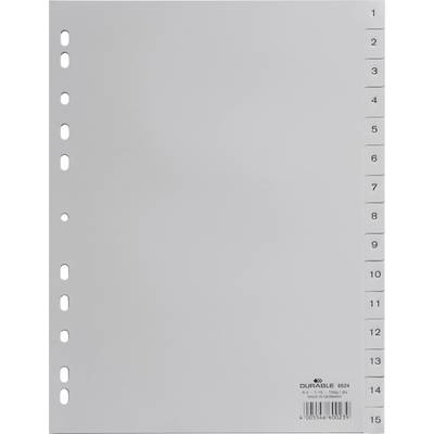 Graues Registerblatt mit seitlichen nummerierten Tabs von 1 bis 15. Links sind Löcher zum Einheften sichtbar.