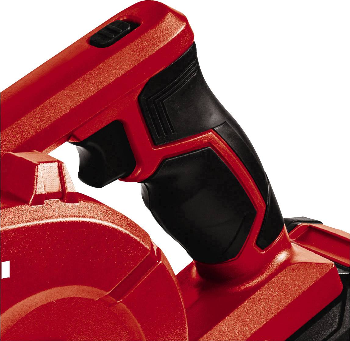 Roter und schwarzer Griff eines Elektrowerkzeugs, möglicherweise Teil einer Säge oder Bohrmaschine, Nahaufnahme der Handhabung.