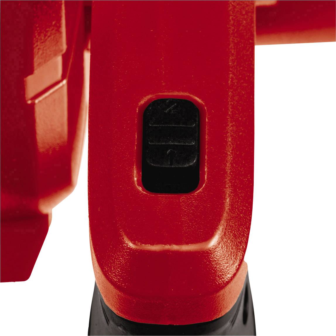 Roter Kunststoffhebel mit schwarzem Schiebeknopf, vermutlich Teil eines Werkzeugs zur Bedienung oder Einstellung einer Funktion.