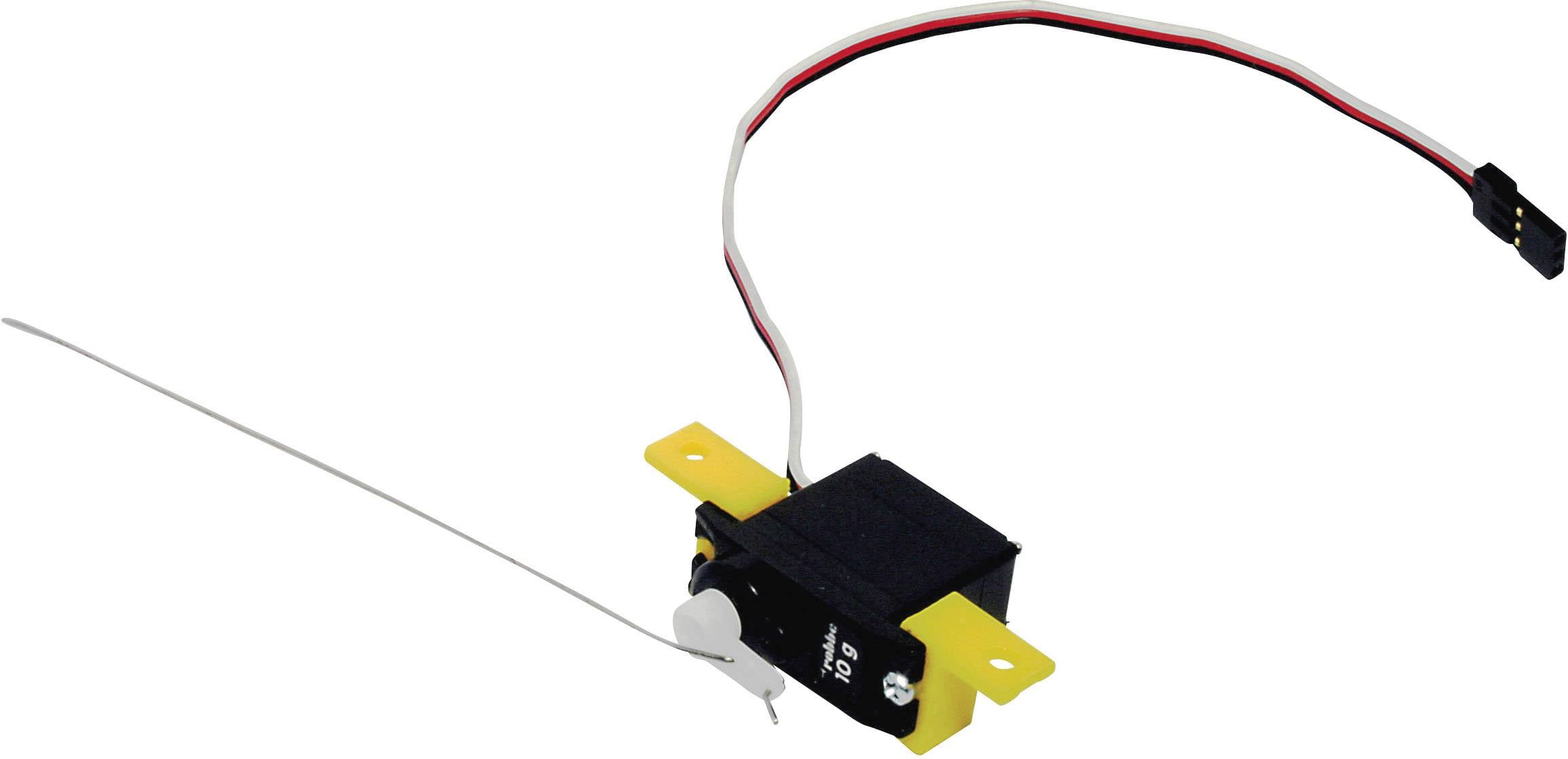 Ein Modellbau-Servomotor mit Drahtseil, verwendet in ferngesteuerten Fahrzeugen zur Steuerung von Bewegungen, auf weißem Hintergrund.