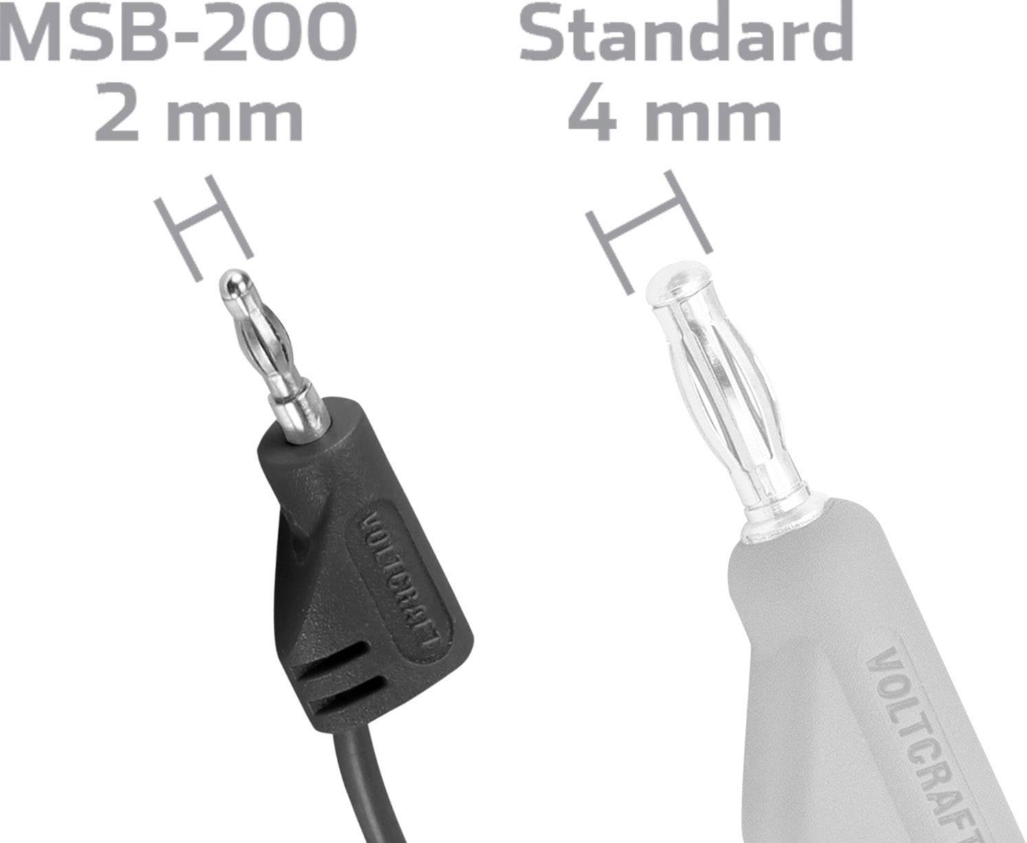 'Voltcraft' Marke. Vergleich der Bananensteckergrößen: links MSB-200, 2 mm; rechts Standard, 4 mm. Beide Stecker gezeigt.