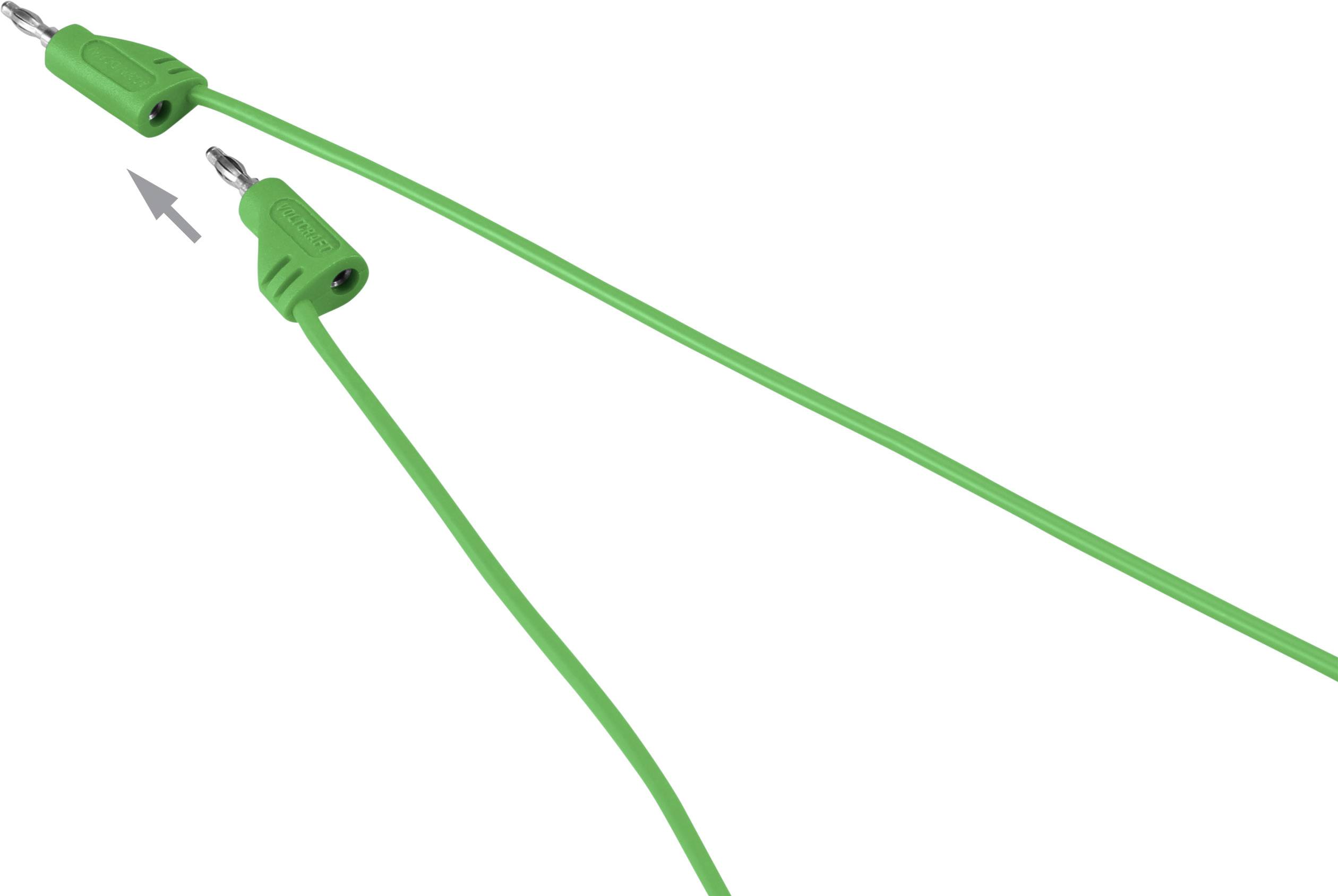Zwei grüne Bananenstecker, einer zeigt auf den anderen; sie scheinen verbunden zu werden.