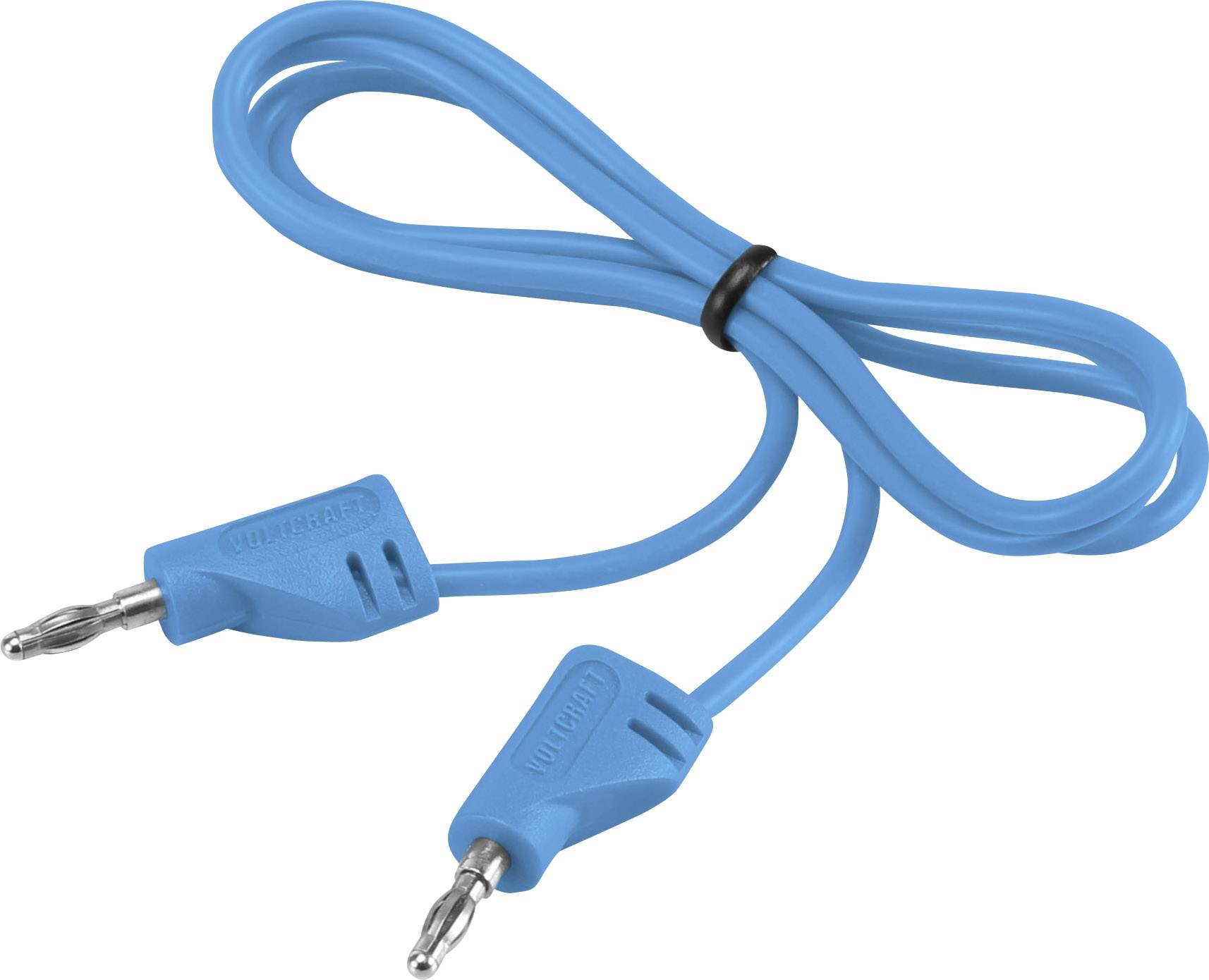 Blaues Kabel mit zwei silbernen Steckern an beiden Enden, verbunden durch eine schwarze Plastikschlaufe; dient zur Verbindung elektrischer Geräte.