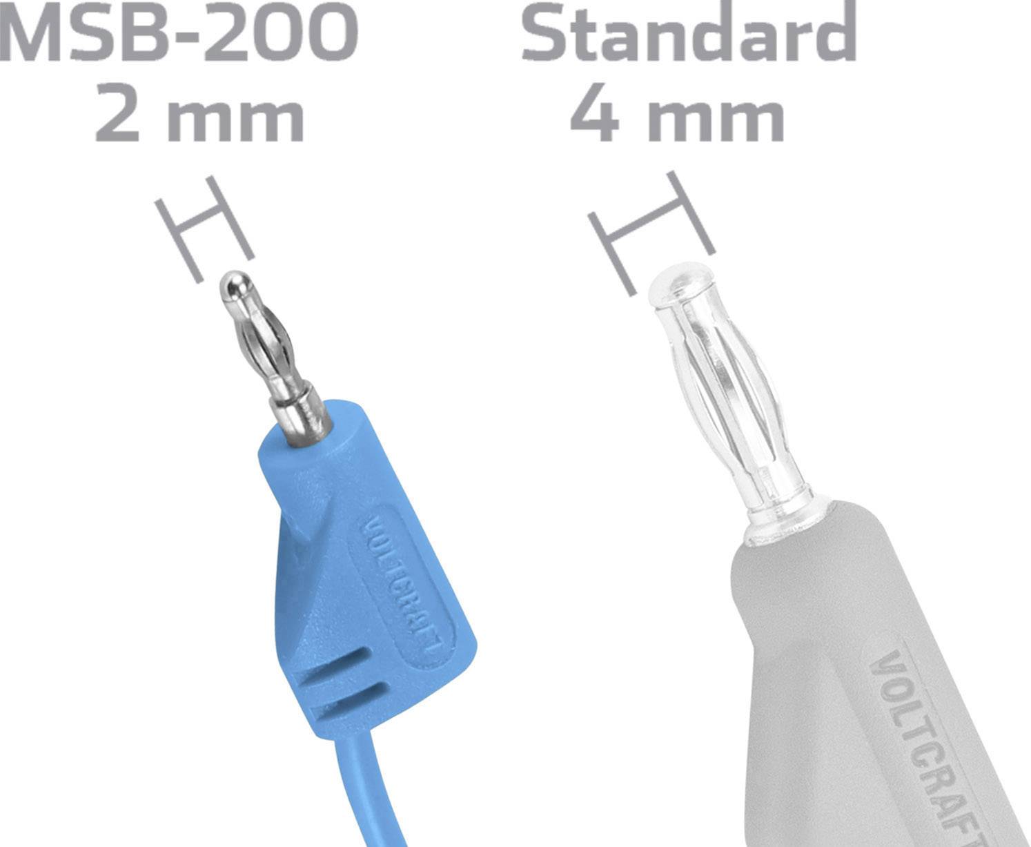 Blauer MSB-200 Stecker mit 2 mm Durchmesser neben grauem Standardstecker mit 4 mm Durchmesser, beide mit der Aufschrift 'Voltcraft'.