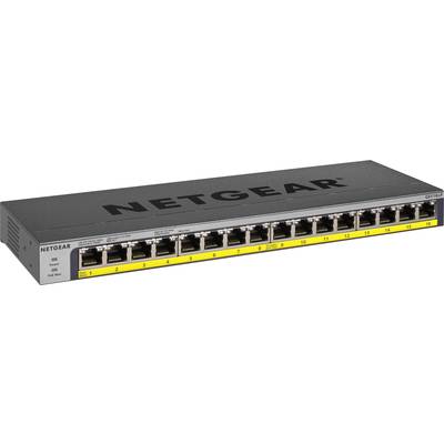 Netzwerk-Switch von Netgear mit 16 Ethernet-Ports und LED-Anzeigen, geeignet für die Verbindung mehrerer Geräte in einem Netzwerk.