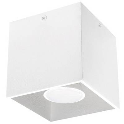 Weiße, quadratische Deckenleuchte mit offenem Unterteil zeigt eine einzelne Glühbirne. Minimalistisches Design für moderne Räume.