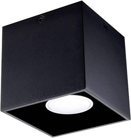 Schwarze, würfelförmige Deckenleuchte mit integriertem LED-Spotlicht. Modernes Design, geeignet für Innenbeleuchtung.