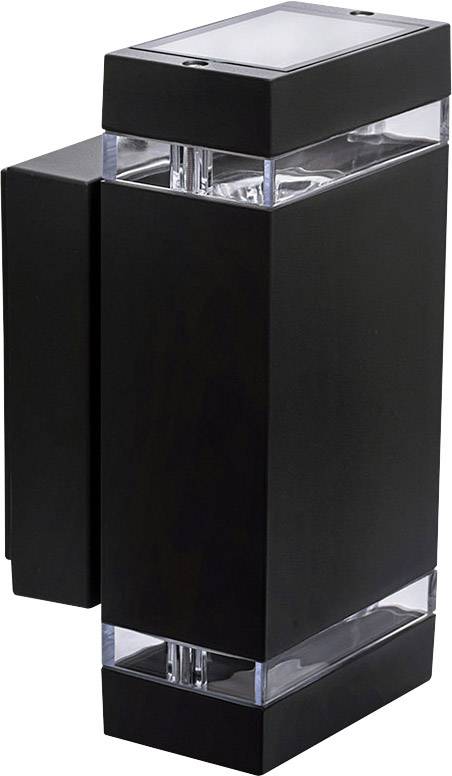 Schwarze, rechteckige Außenwandleuchte mit zwei Lichtelementen. Modernes Design, geeignet für Außenbeleuchtung.