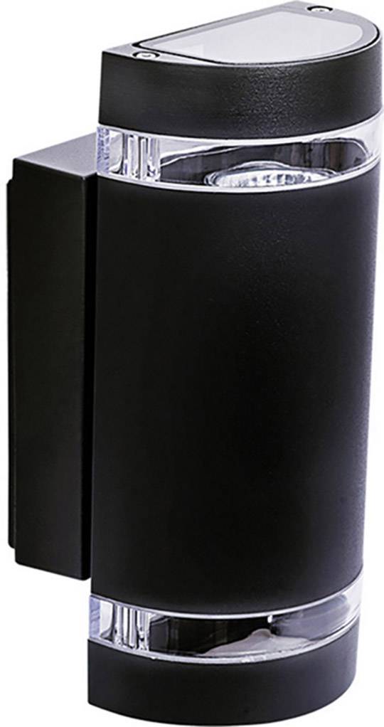 Eine schwarze, wandmontierte Außenleuchte mit zylindrischer Form und durchsichtigem oberen und unteren Ende.