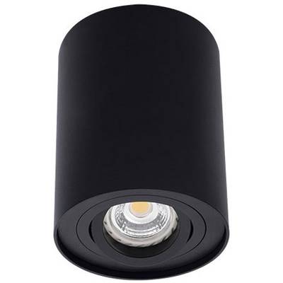 Eine schwarze zylindrische Deckenlampe mit sichtbarem LED-Leuchtmittel, geeignet für moderne Innenräume.
