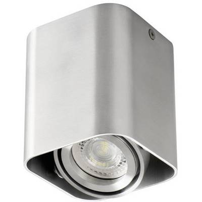 Silberne, quadratische Deckenleuchte mit sichtbarem LED-Leuchtmittel, modernem Design und gebürsteter Metalloberfläche.