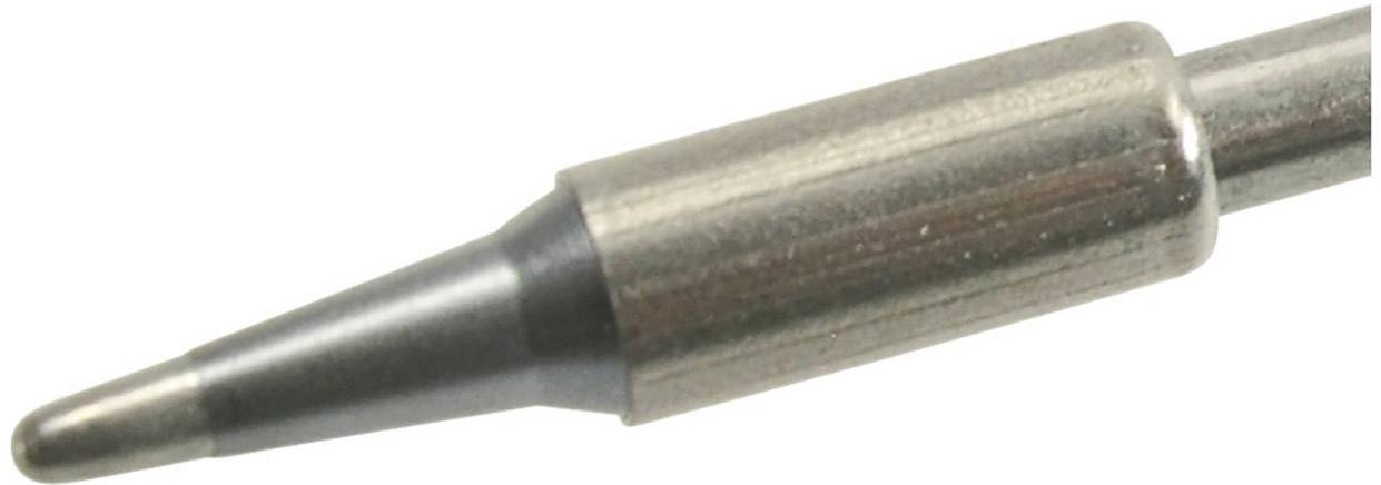 Eine Spitze eines Lötkolbens aus Metall, dunkelgrau, spitz zulaufend. Sie wird verwendet zum Schmelzen von Lötzinn in Elektronikarbeiten.