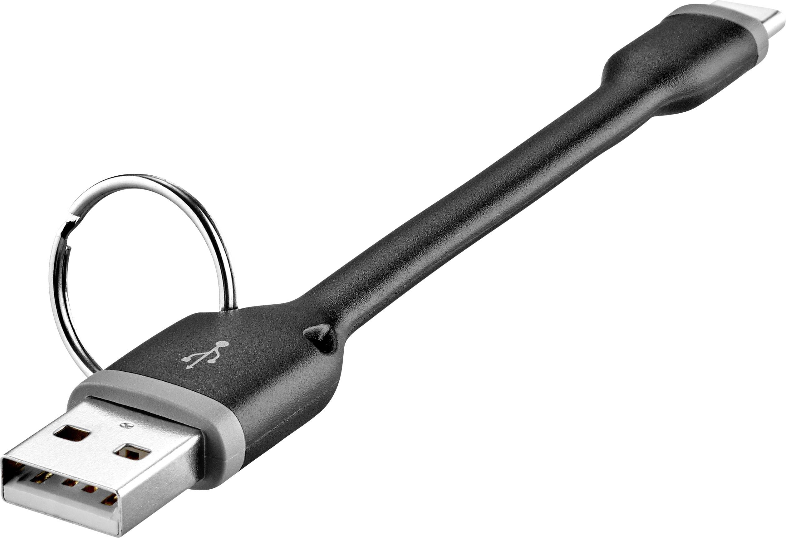 Ein schwarzes USB-Ladekabel mit Schlüsselanhänger und einem USB-A- und einem USB-C-Stecker.