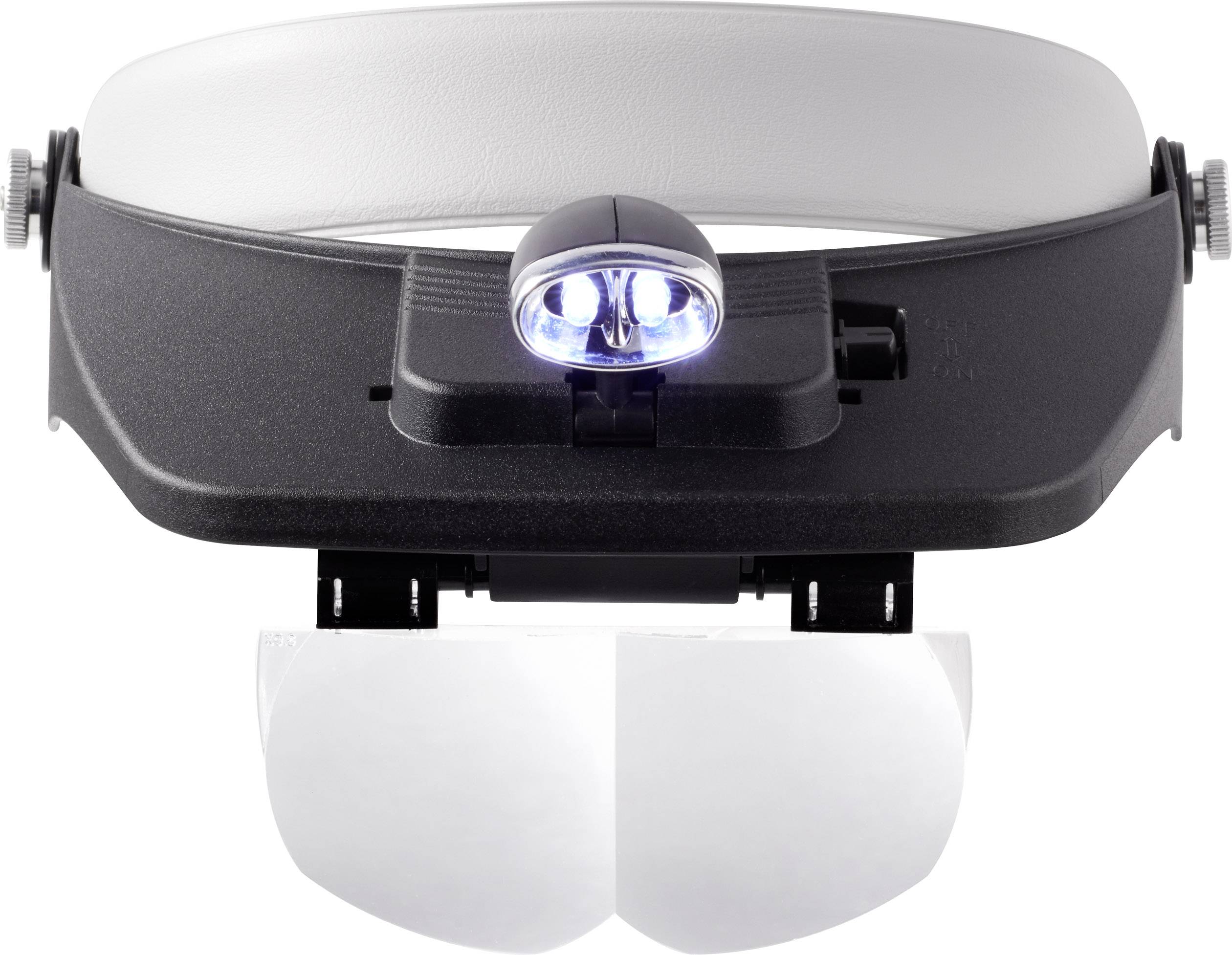 Vergrößerungsbrille mit LED-Lampe und verstellbaren Linsen, geeignet für präzise Arbeiten oder Hobbys, wie Modellbau oder Schmuckherstellung.