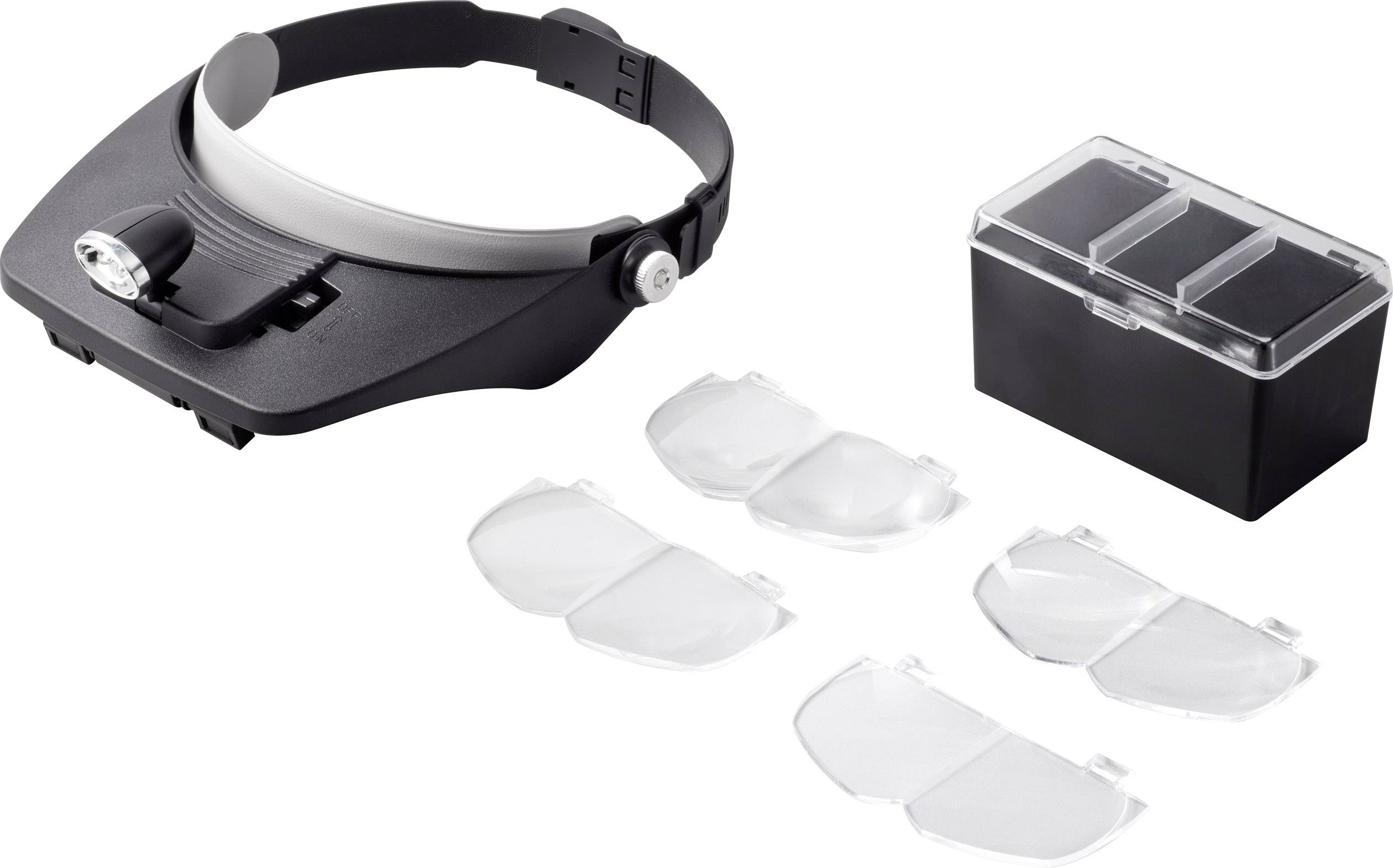 Kopflupe mit vier auswechselbaren Gläsern und einer Aufbewahrungsbox. Lupe mit LED-Licht, verstellbarem Riemen, ideal für Präzisionsarbeiten.