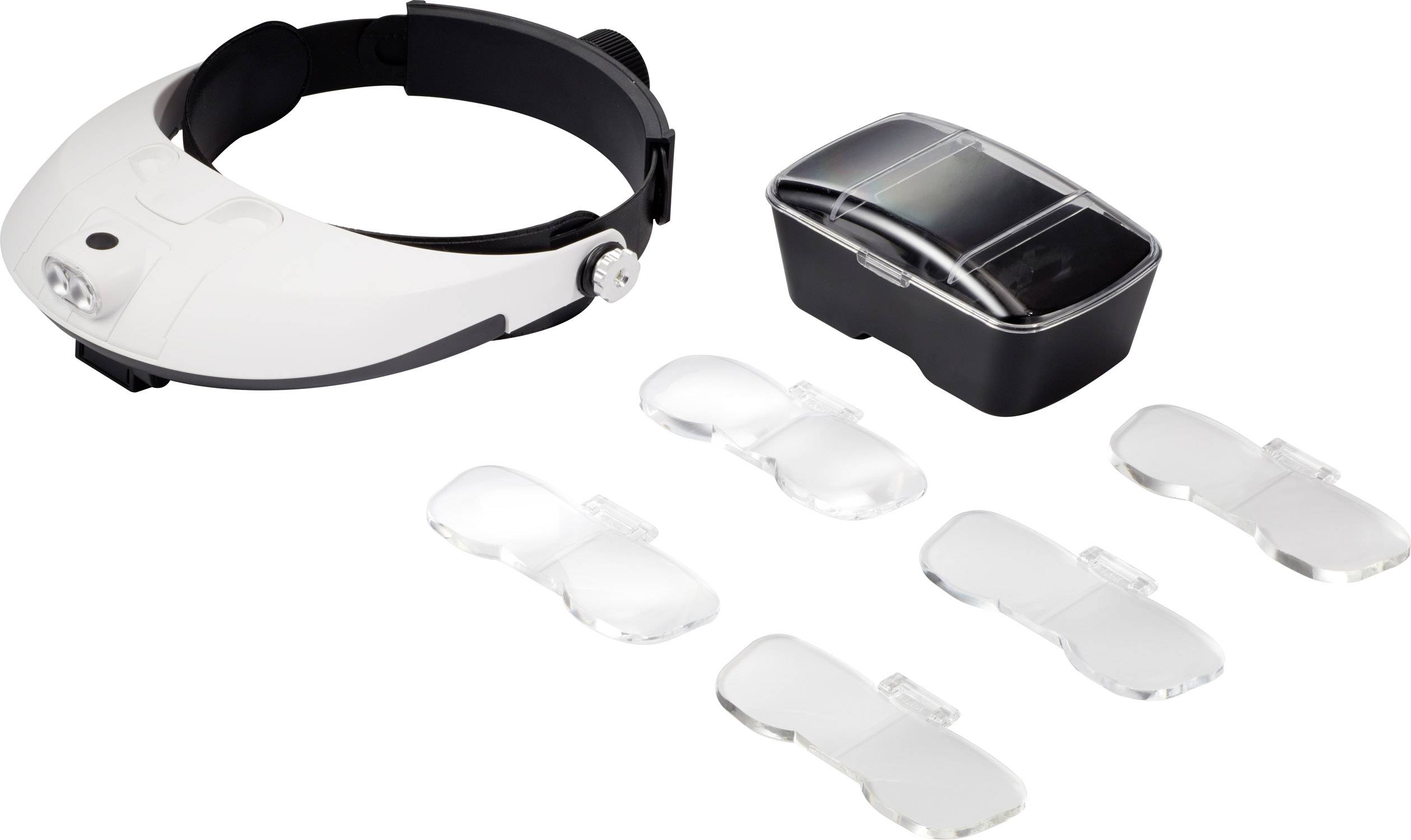 Vergrößerungsbrille mit LED-Licht, vier austauschbare Linsenpaare und Aufbewahrungsbox, auf weißem Hintergrund. Ideal für feine Arbeiten.