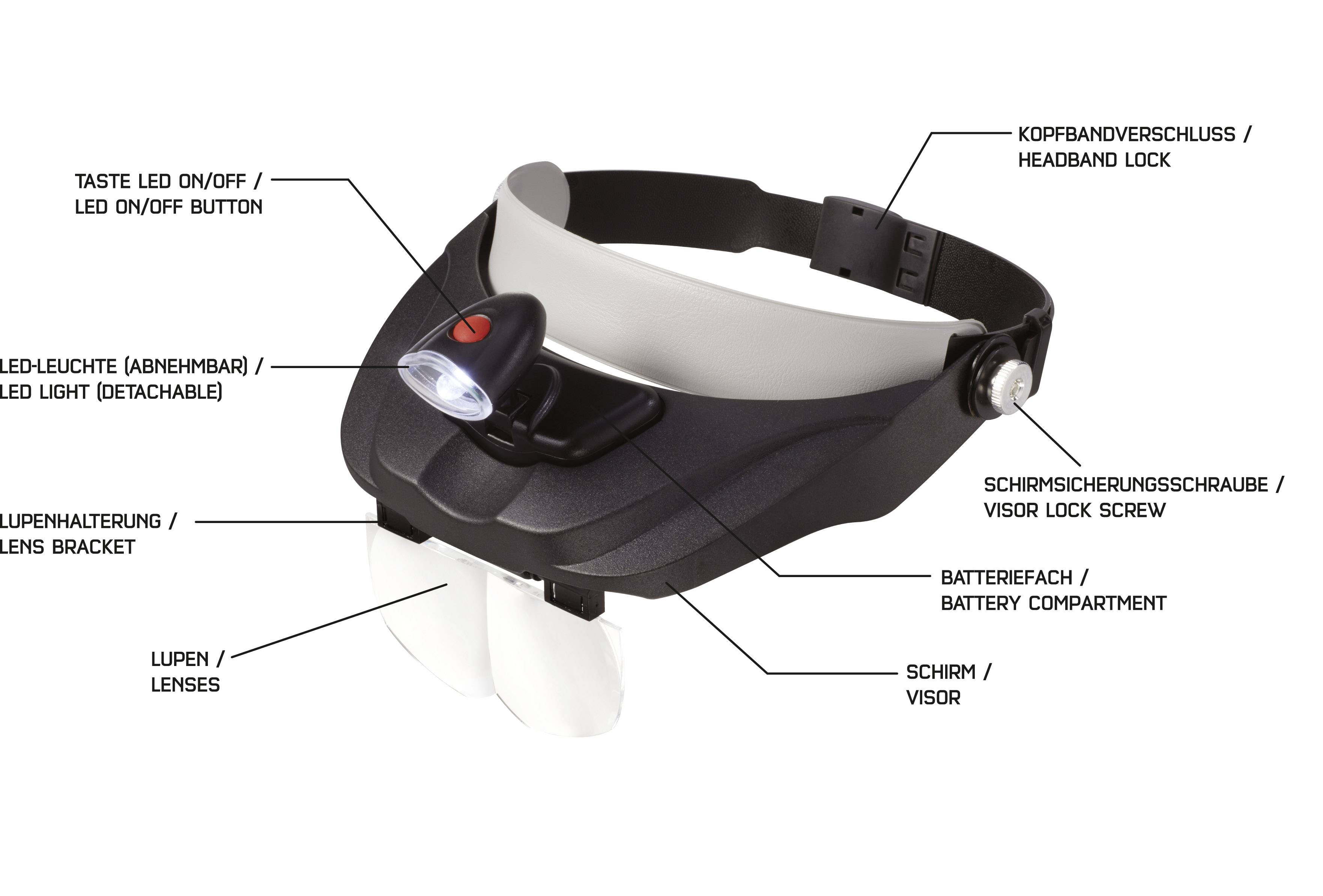 TOOLCRAFT TO-5137809 Kopflupe mit LED-Beleuchtung Vergrößerungsfaktor: 1.2 x, 1.8 x, 2.5 x, 3.5 x Linsengröße: (L x B) 1-6
