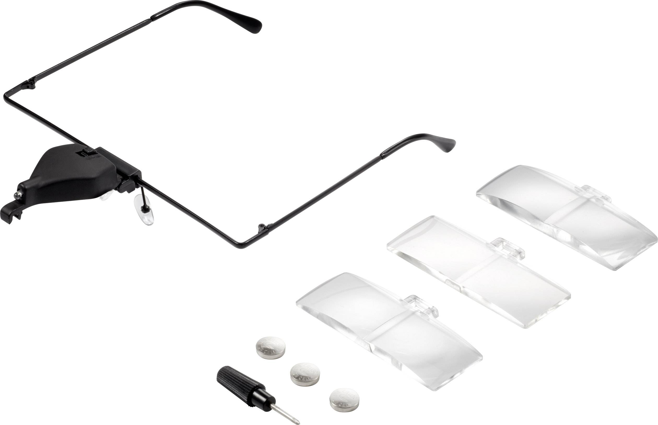 Brillengestell mit austauschbaren Lupenlinsen, Schraubendreher und Batterien, zur Nutzung bei filigranen Arbeiten oder Hobbys.