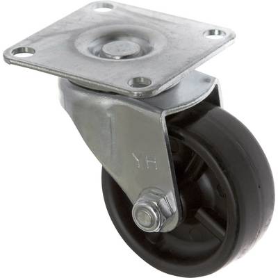 'Ein schwarzes Rad mit silberner Metallhalterung, vermutlich ein Möbel- oder Transportgerät-Rad, das sich um eine Achse drehen kann.'