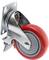 Rotes Rad mit grauem Reifen und Metallhalterung, zeigt eine Rolle mit Bremse für Möbel oder Ausrüstung.