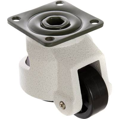 Ein drehbares Rollenrad in einem hellen Gehäuse mit vier Befestigungslöchern. Ideal für die Installation an Möbeln oder Geräten.