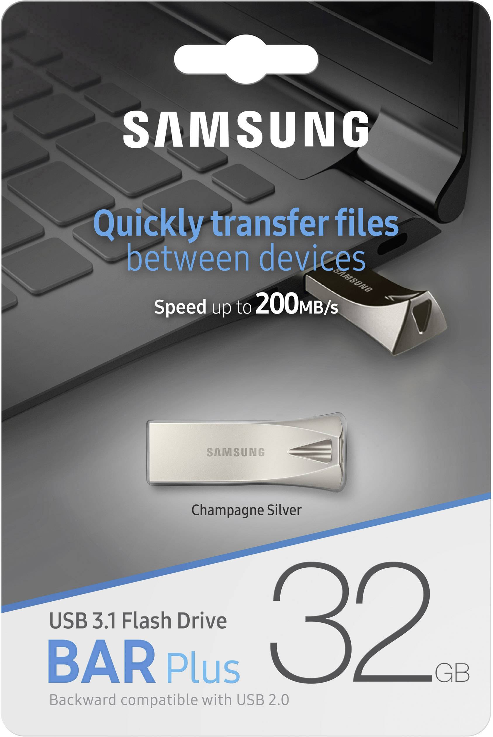 USB-3.1-Flash-Laufwerk 'BAR Plus' von SAMSUNG, 32 GB, Champagner-Silber, bis zu 200 MB/s Übertragungsgeschwindigkeit.