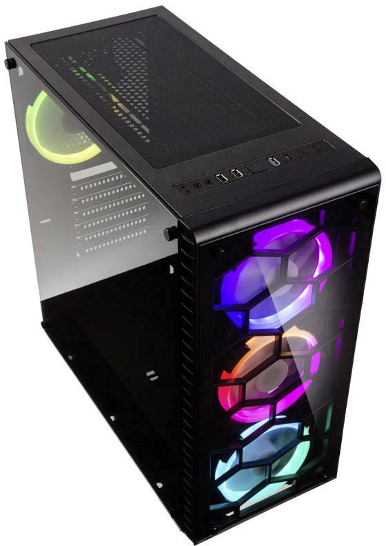 Ein schwarzes PC-Gehäuse mit sichtbaren RGB-LED-Lichtern an der Vorderseite, Druckknöpfen oben und Sichtfenster mit leuchtenden Lüftern.