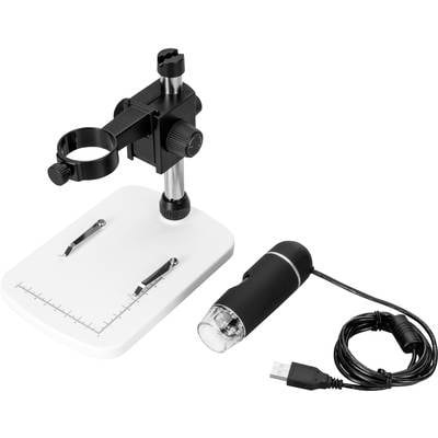 Schwarzes USB-Digitalmikroskop mit Ständer und Maßplatte. Eignet sich für präzise Vergrößerungen kleiner Objekte.