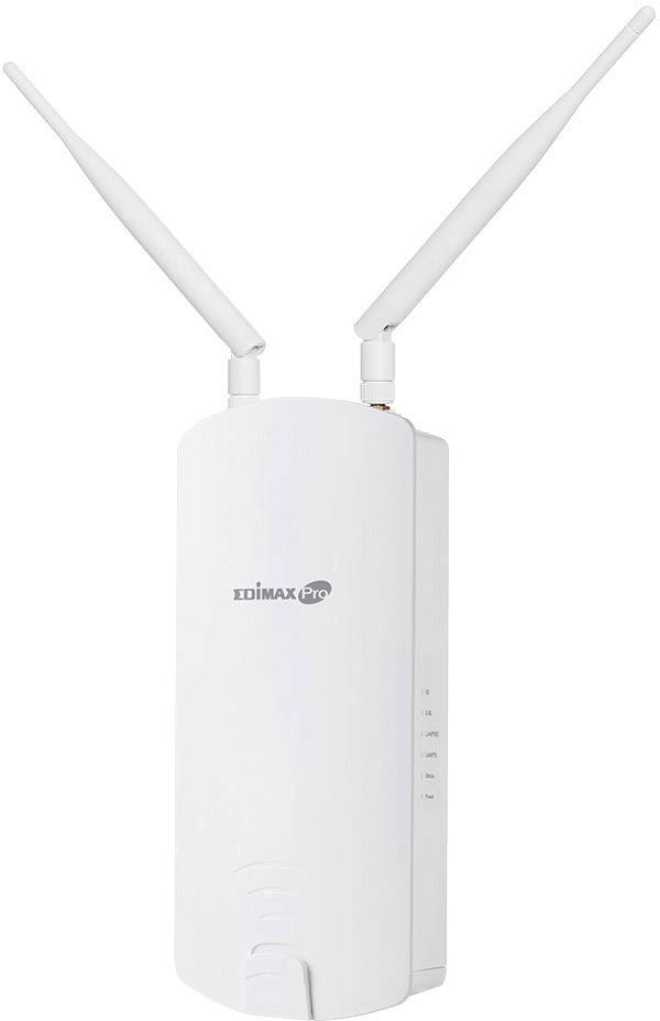 Ein weißer WLAN-Router mit zwei hochstehenden Antennen und einem Markennamen auf der Vorderseite.