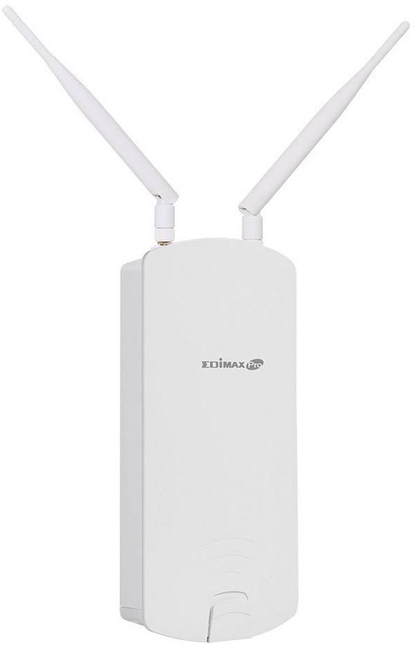 Ein weißer WLAN-Access-Point mit zwei Antennen, dargestellt von der Marke Edimax, steht vor einem neutralen Hintergrund.