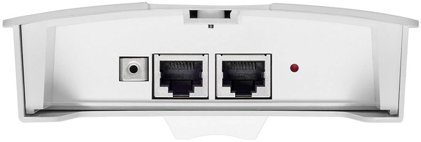 Rückseite eines Geräts mit zwei Ethernet-Anschlüssen, einem Stromanschluss und einer roten LED-Anzeige, alle in einem weißen Gehäuse.