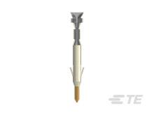 Steckverbinderkontakt von TE mit angelötetem Draht, Seitenansicht. Silberfarbenes metallisches Teil mit goldener Spitze.