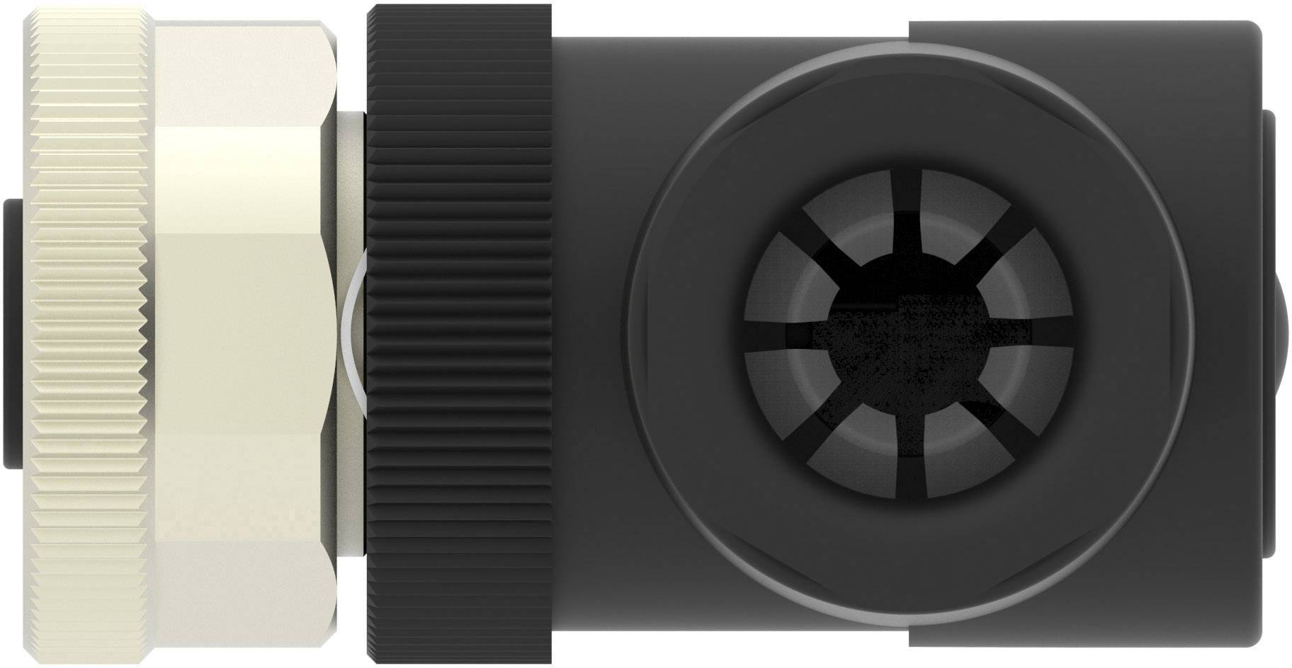 Ein schwarzes, zylindrisches mechanisches Bauteil mit einem hellen Metallgewinde auf der linken Seite, möglicherweise ein Ventil.
