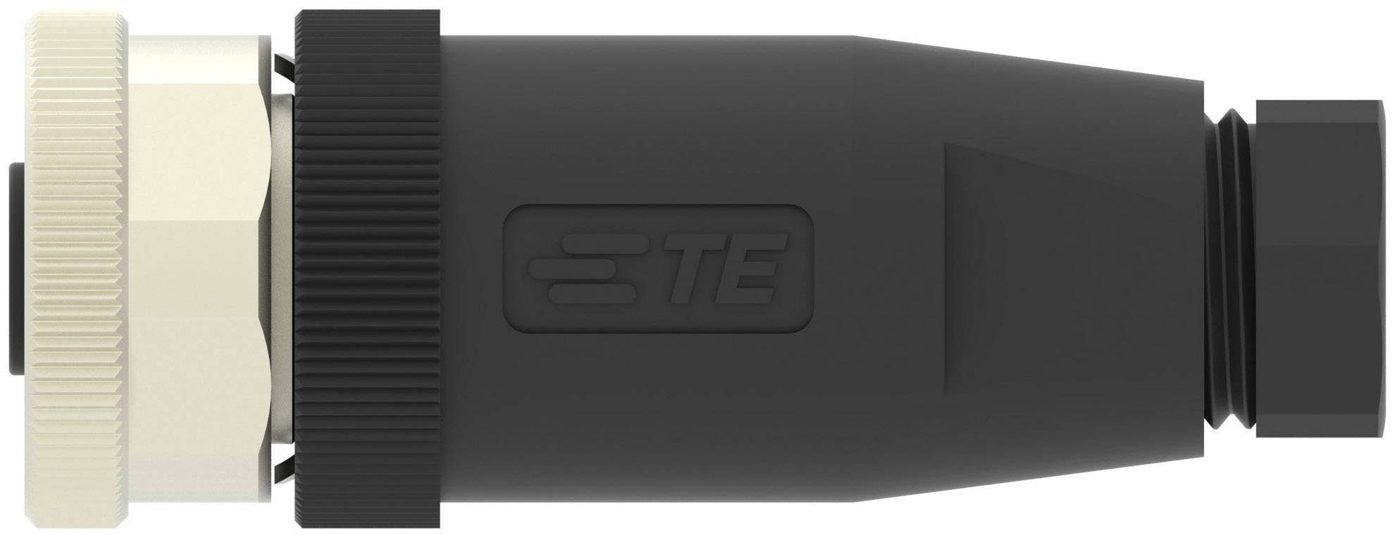 Schwarzer, zylindrischer Stecker mit geriffelter Oberfläche und metallischem Anschlussstück, seitlich mit 'TE'-Logo. Funktionalität: Verbindungstechnik.