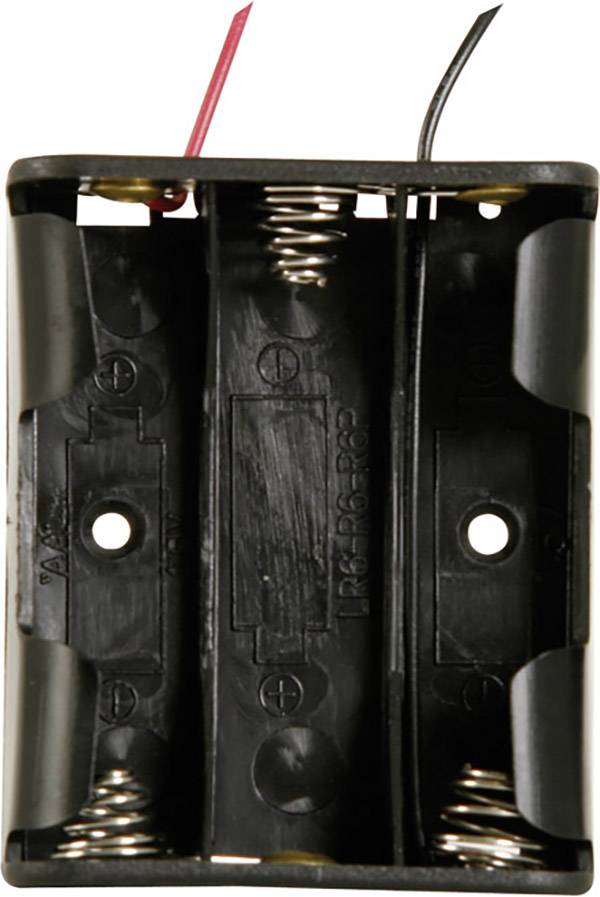 Batteriefach für zwei AA-Batterien, mit zwei Spiralfedern und zwei Drähten, rot und schwarz, für elektrische Verbindungen.