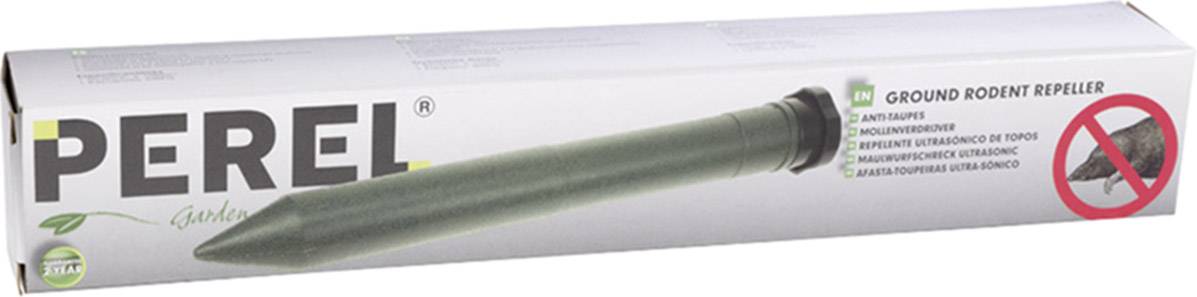 Verpackung eines Boden-Nager-Schrecks von Perel. Enthält ein längliches, grünliches Gerät zur Abwehr von Nagetieren.