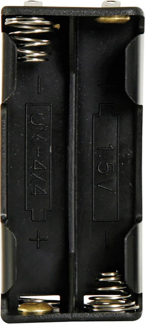 Ein leerer Batteriefachhalter für eine 1,5-Volt-Batterie mit Metallfedern an beiden Enden zur Kontaktierung der Batterie.