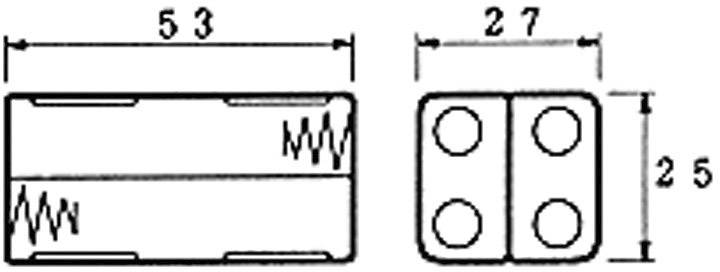 Technische Zeichnung eines rechteckigen Objekts mit Maßen 53 x 27 x 25 mm. Zeigt zwei Ansichten des Objekts mit runden Vertiefungen.