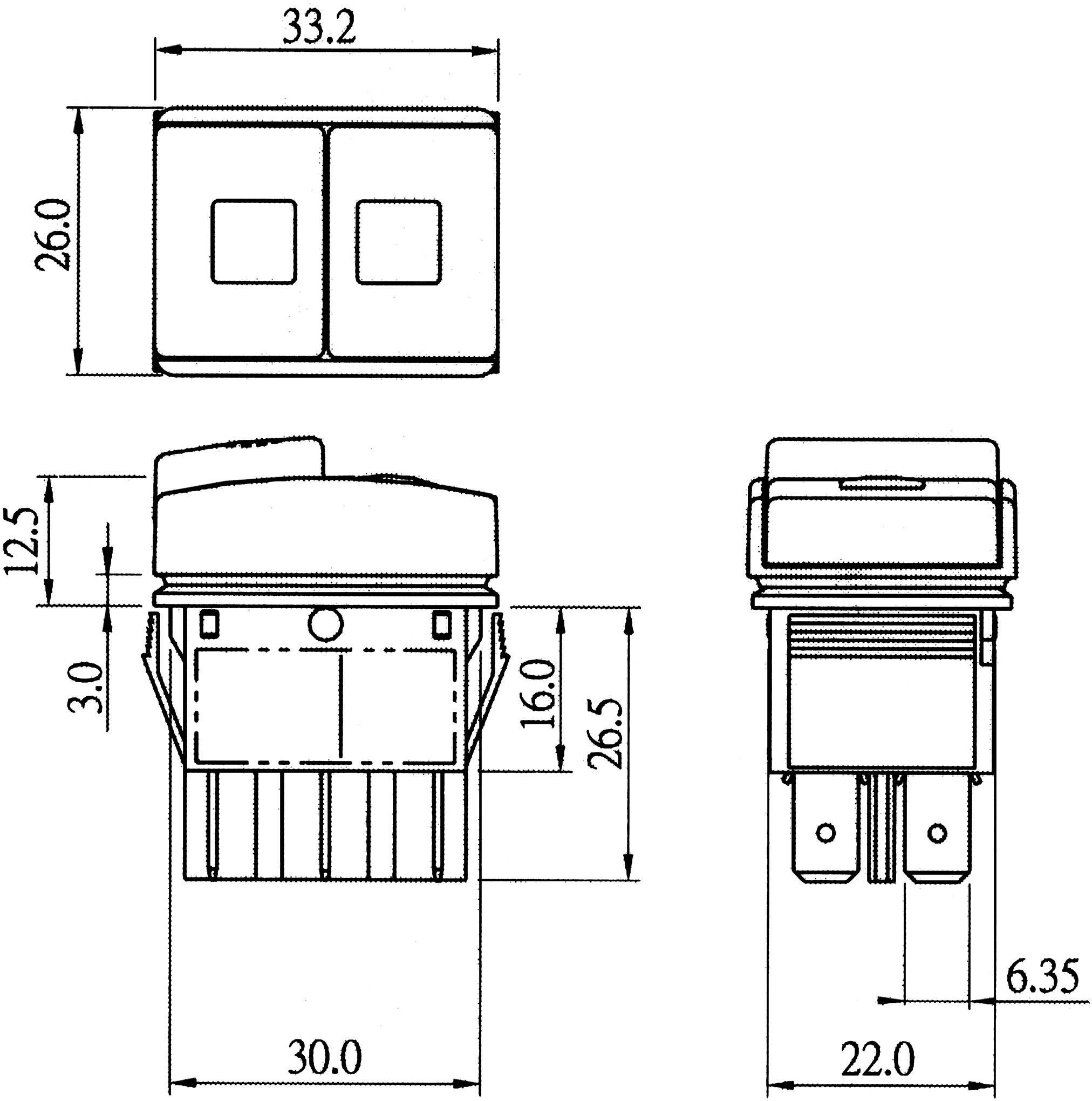 Technische Zeichnung eines Schalters mit Abmessungen: Breite 33,2 mm, Höhe 30 mm, Tiefe 26,5 mm. Seitliche und hintere Ansichten enthalten.