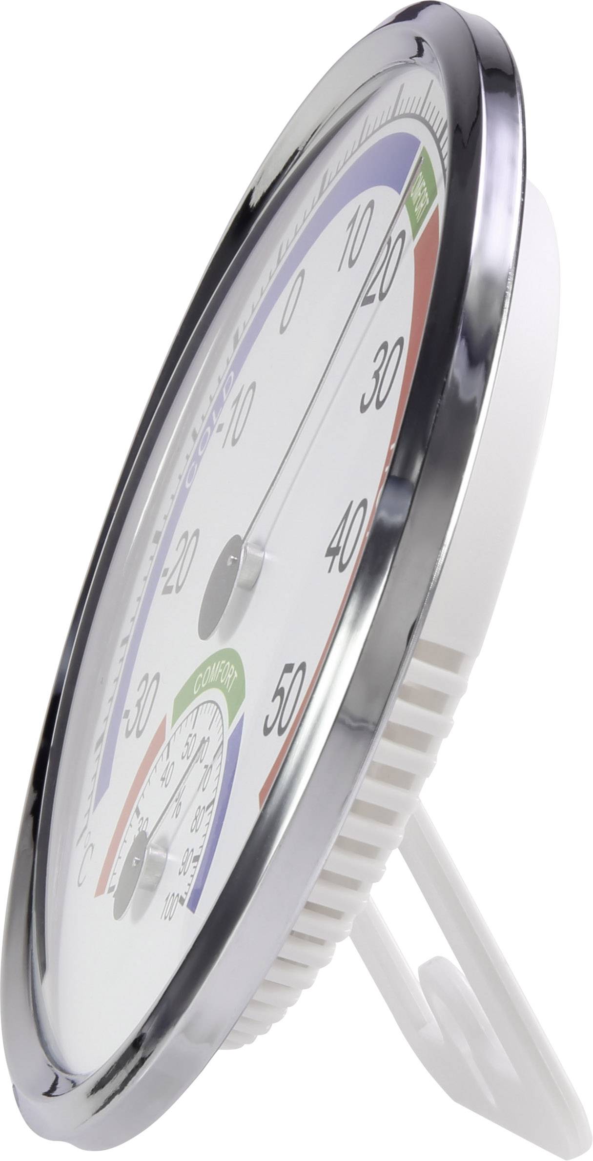 Ein analoges Hygrometer und Thermometer mit kreisförmiger Anzeige zeigt Temperatur und Luftfeuchtigkeit an.