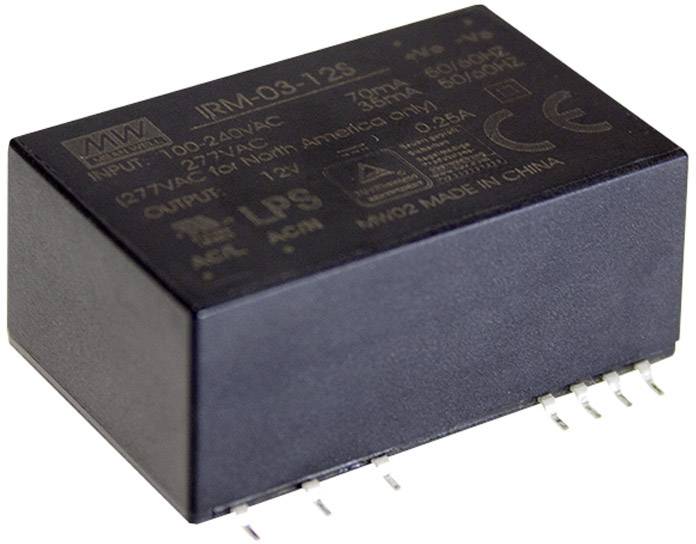 Ein schwarzes elektrisches Modul mit der Aufschrift 'JRM-03-12S', zeigt Spezifikationen für Eingangs- und Ausgangsspannungen.