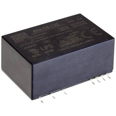 Ein schwarzes elektrisches Modul mit der Aufschrift 'JRM-03-12S', zeigt Spezifikationen für Eingangs- und Ausgangsspannungen.