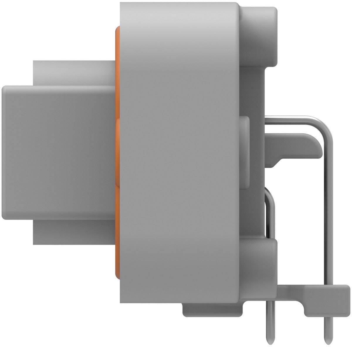 Grau-orangefarbener Kunststoffadapter, seitlich gesehen, mit Haken und Verriegelungselementen.