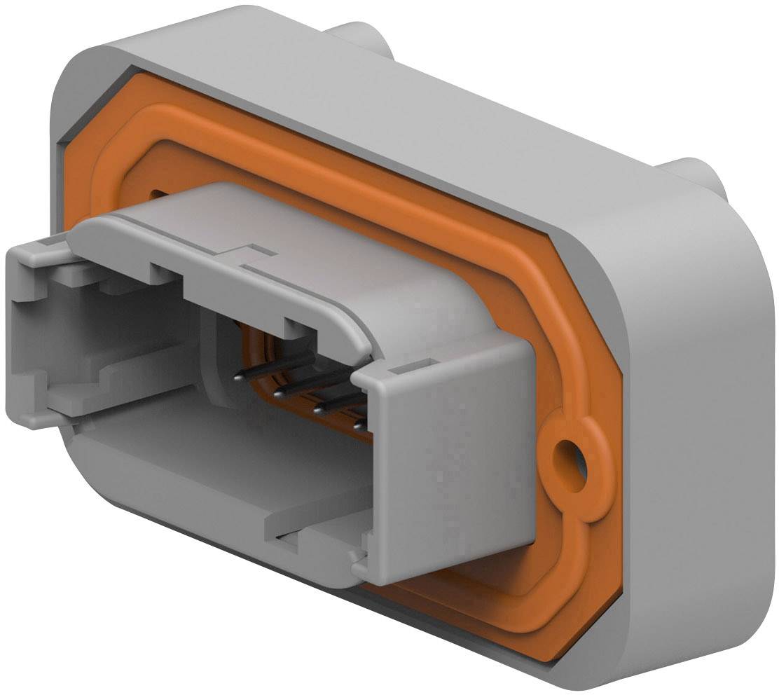 Grauer rechteckiger Steckverbinder mit orangefarbener Dichtung und mehreren Metallkontakten.