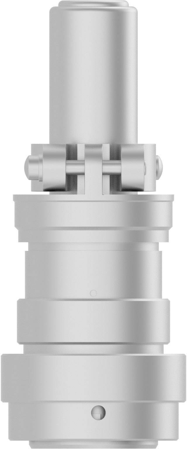 Silbernes mechanisches Bauteil zylindrischer Form mit mehreren Abschnitten und Gelenken; hauptsächlich in technischer Anwendung.