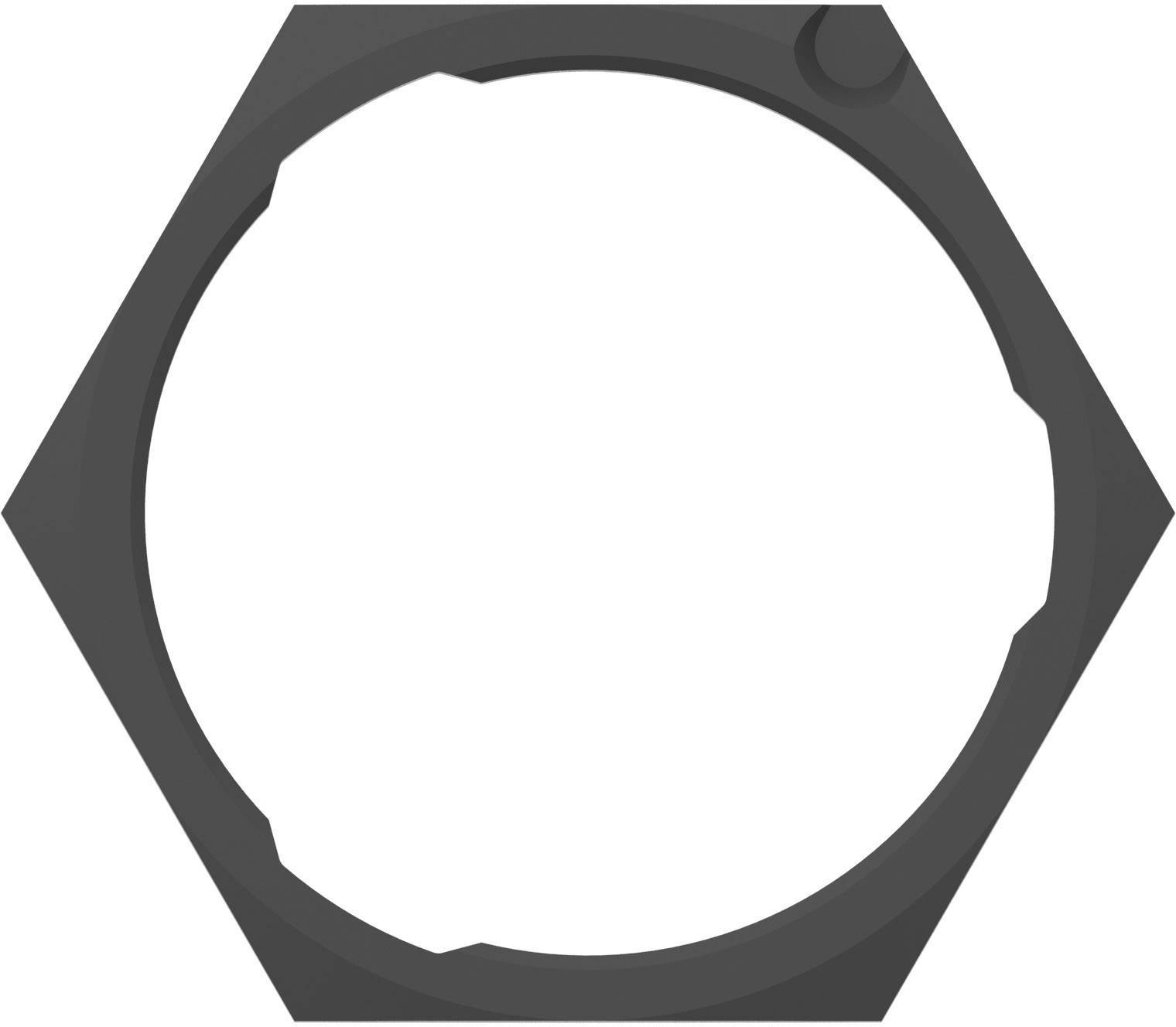 Sechskantmutter, schwarz, aus Metall, mit glatt abgerundeten Kanten, vor weißem Hintergrund.