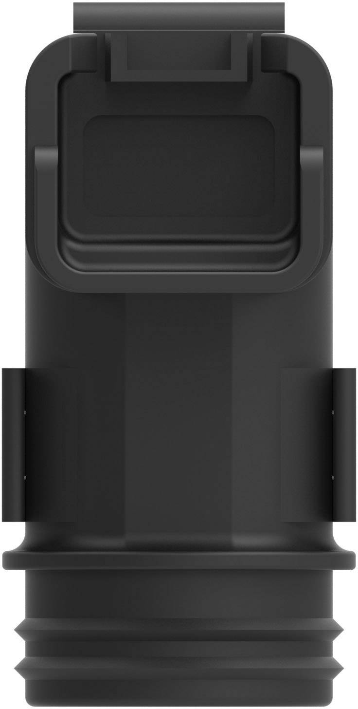Eine schwarze, zylinderförmige Komponente, möglicherweise ein Adapter oder Stecker, mit rechteckigem, geripptem Griff oben.