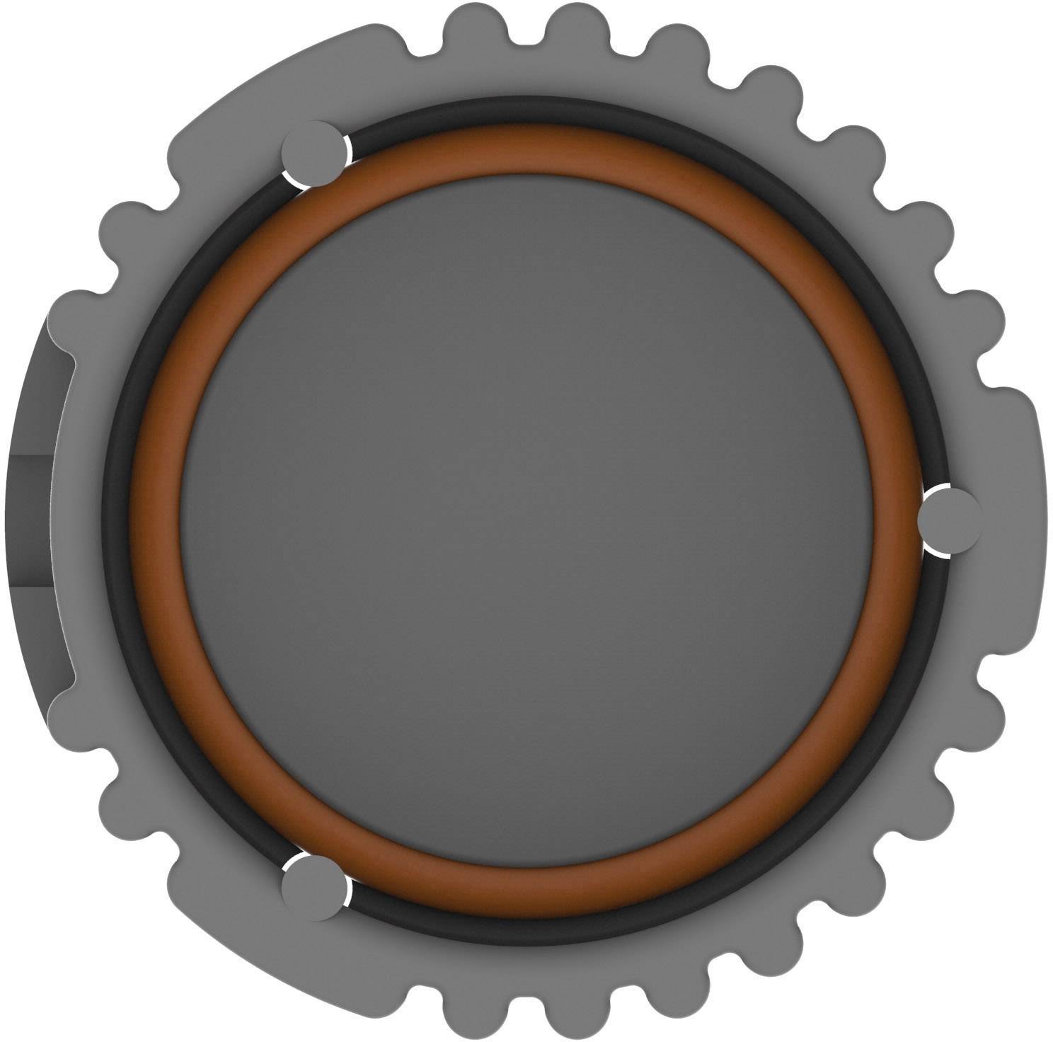 Ein technisches Bauteil mit einem grauen Zahnradmuster und einem inneren orangefarbenen Ring, vermutlich ein Maschinenelement.