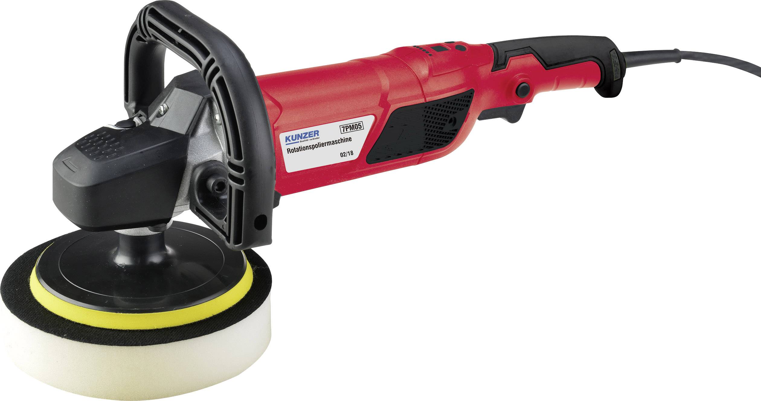 Eine rote Poliermaschine mit schwarzem Griff und weißem Polierpad, geeignet zum Polieren von Autolacken und anderen Oberflächen.